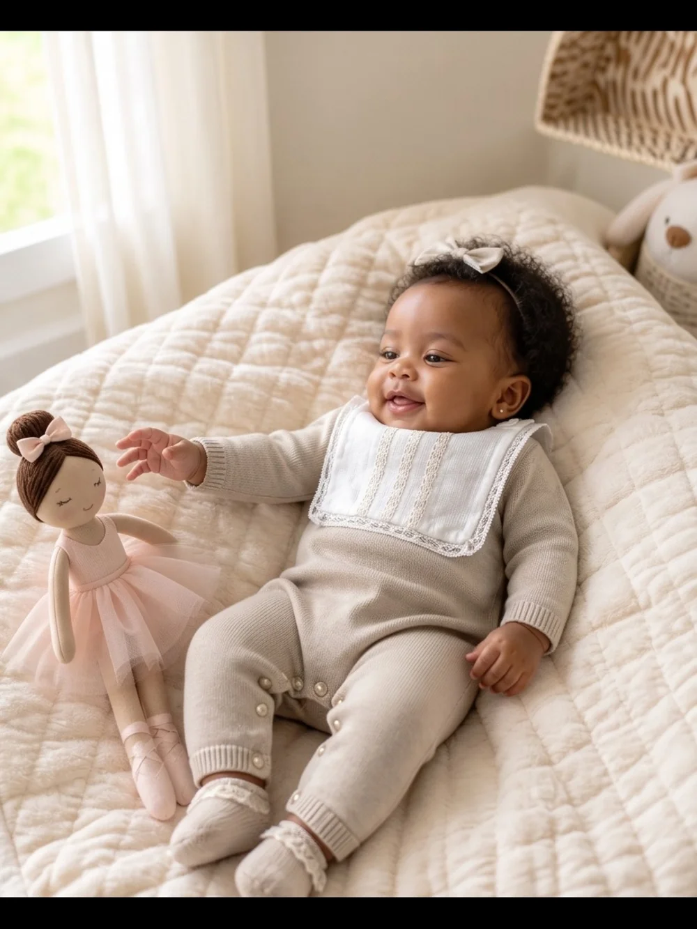 Classic Lace Detachable Bib Knit One-Piece Romper in Beige